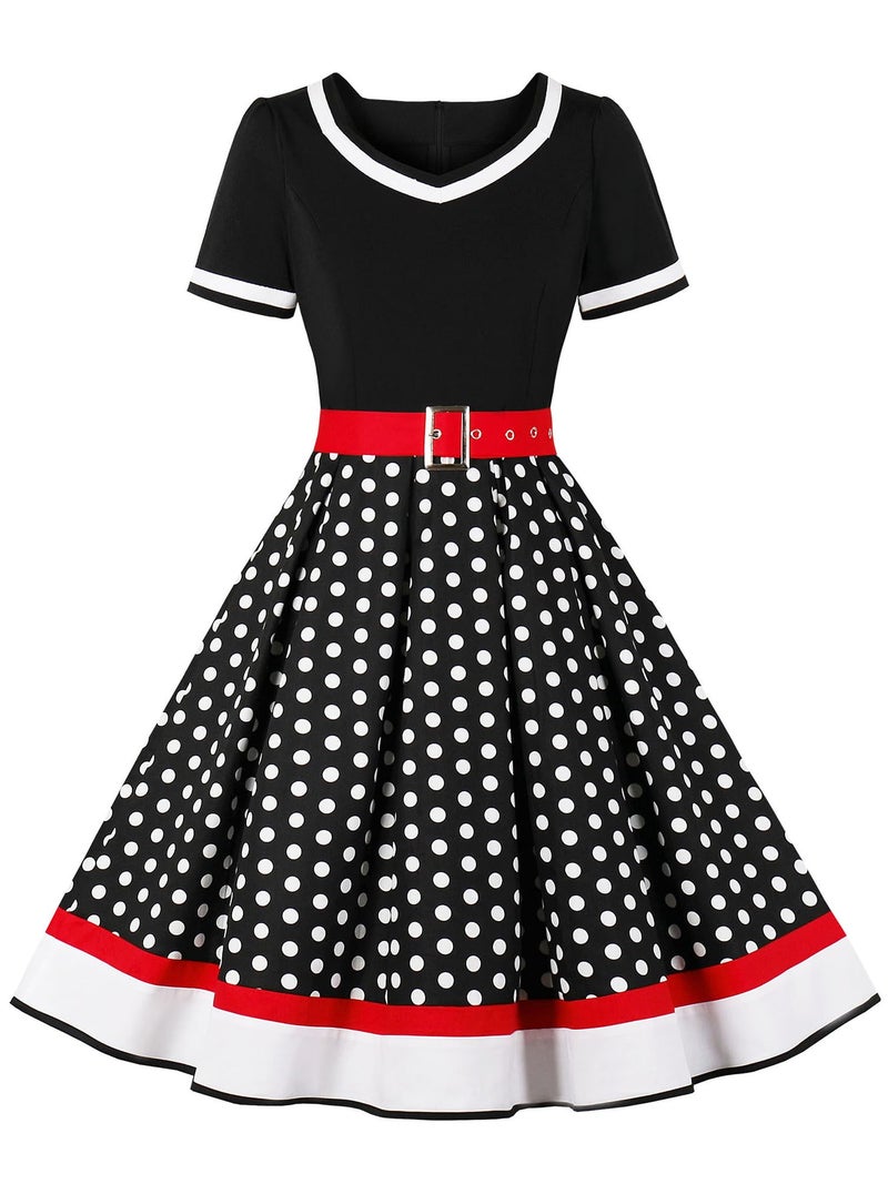 Nihsatin Vintage 1950s Retro Rockabilly Swing Dress Polka Dots Cocktail Dress with Belt - Image 1